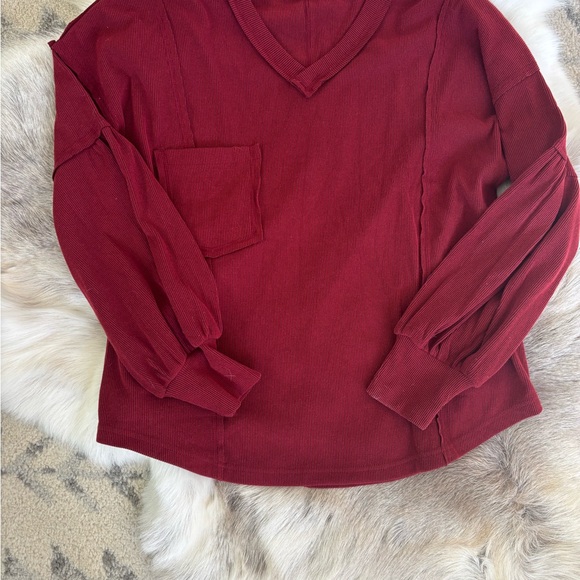 Burgundy V-Neck Oversized Sweater - Picture 9 of 11